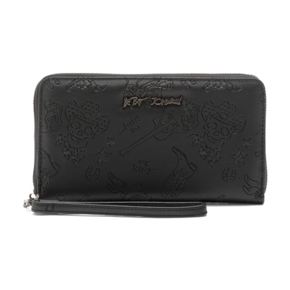 NWT$58 BETSEY JOHNSON Black Zip Around Skull Rock Cowboy Deboss Wristlet Wallet